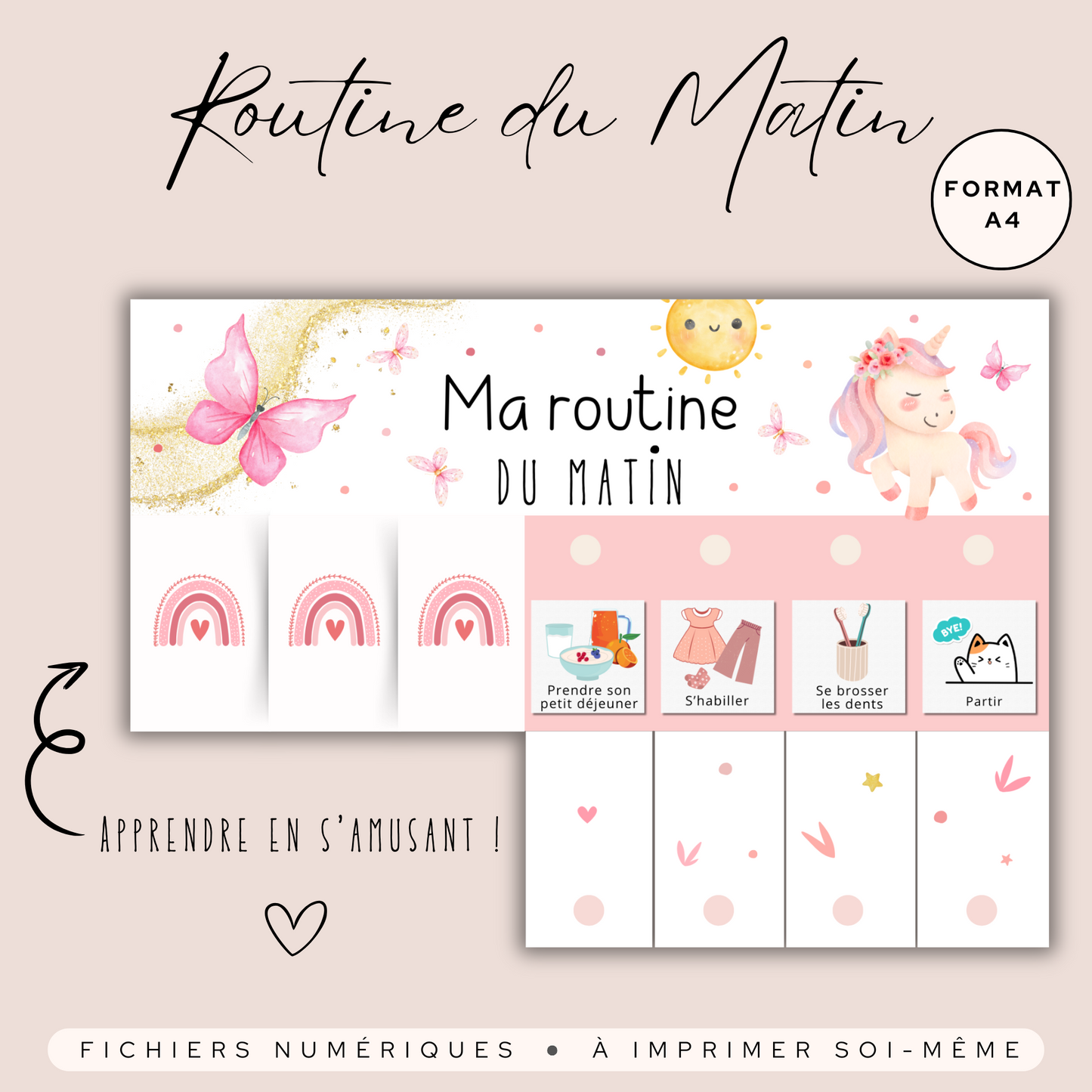 Kit de routine fille matin et soir - Licornes et arcs en ciel